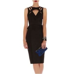 Karen‎ Millen Black Peplum Cut Out Pencil Midi Dress Sz US 2